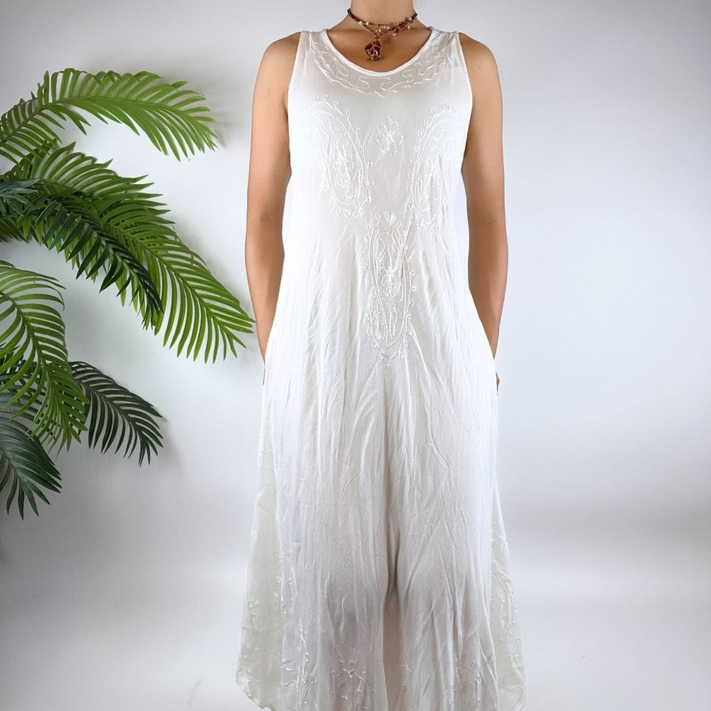 Vintage Y2K White Floral Boho Flowy Sleeveless Maxi Hippie Dress / Size: One - Picture 4 of 9